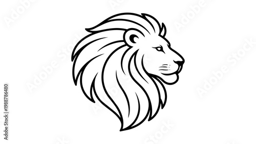 Foto Minimalist black line vector icon illustration of a lion head in profile with a flowing mane, hand-drawn side view animal symbol on a white background, clean scalable SVG graphic for logo design