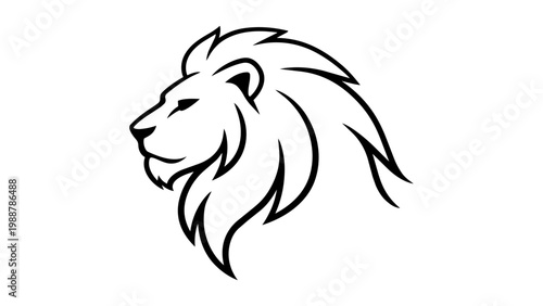 Foto Minimalist lion head profile vector icon, clean black line art illustration of a majestic male lion with mane, hand-drawn outline isolated on white background for logo design and branding