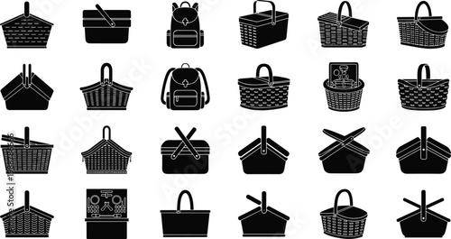 Set of black silhouette basket for picnic vector illustration on white background