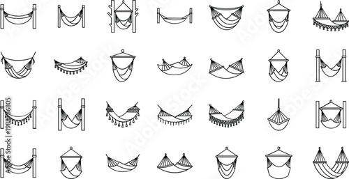 Simple line drawings and solid icons depicting hammocks for relaxation and outdoor leisure activities