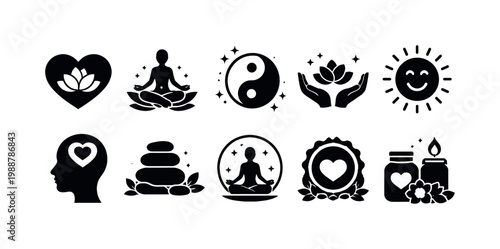 Collection of simple black icons representing wellbeing, meditation, and self-care concepts