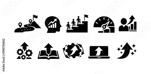 Set of icons representing growth, progress, and achievement in various aspects of life
