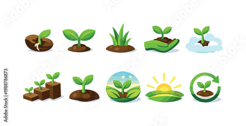 Stages of plant growth and development icons with colorful sprouts