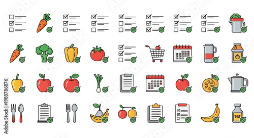 Food shopping list icons with fruit.