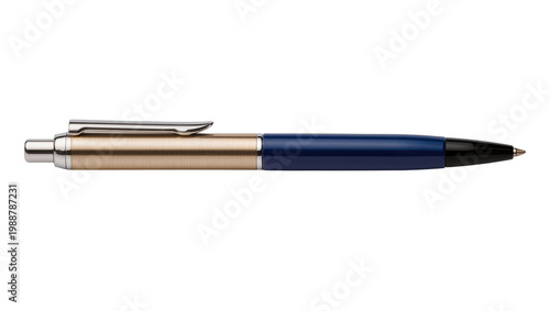 Obraz na plátne Brushed gold and blue metal ballpoint pen with silver clip, isolated on transpar