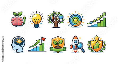 Collection of icons representing growth, ideas, and success in business and personal development