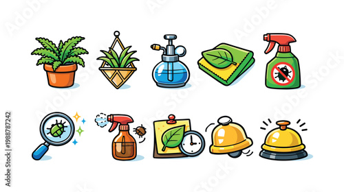 Indoor plant care icons: watering, cleaning, pest control, and monitoring tools