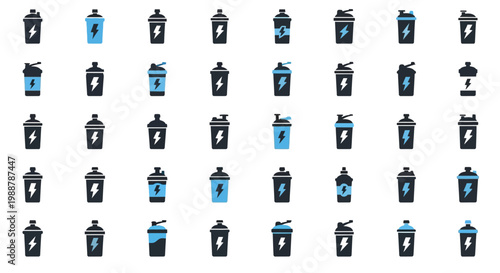 Multiple black and blue spray cans.