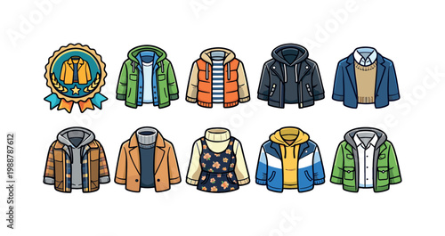 Collection of diverse outerwear and clothing icons for fashion and style