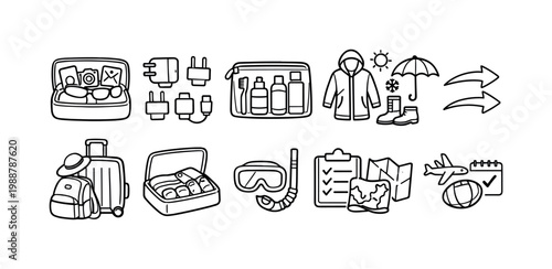 Collection of travel preparation icons for planning a trip and packing essentials