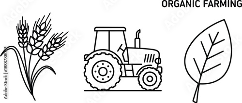 An illustration of organic farming with a tractor and wheat and leaf