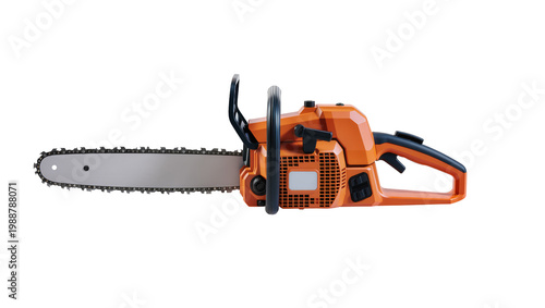 Foto Orange and black gasoline chainsaw with metal chain, isolated on transparent bac