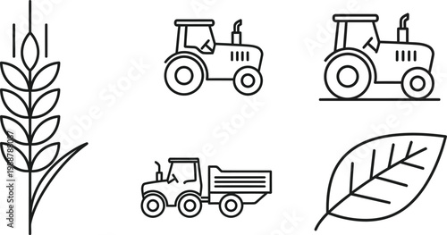 A simple black and white illustration of farming vehicles and plants
