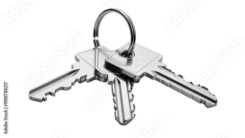 Fotografie Three silver metal keys on a ring, isolated on transparent background