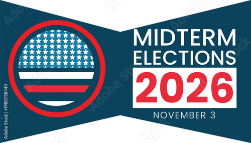 Midterm Elections 2026 banner vector, United States political campaign graphic, November 3 voting event header with American flag stars and stripes