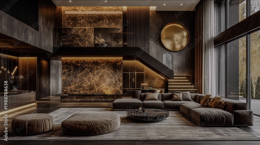 Fototapeta premium Ultra-luxury modern living room with double-height ceiling