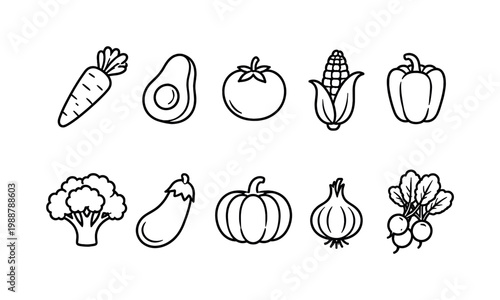 Collection of simple line art icons representing various fresh vegetables and produce