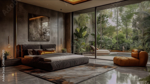 Modern luxury bedroom with sleek design, plush bedding