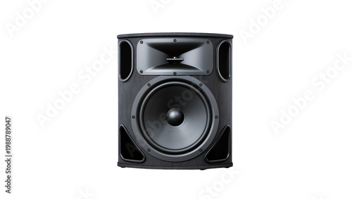 фотографія Black textured professional audio speaker with large woofer and horn tweeter, is