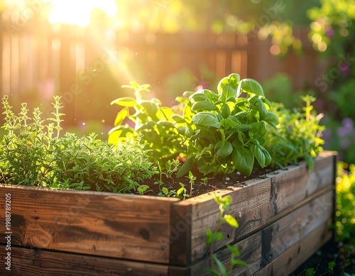 A sunlit, raised wooden garden bed brimming with vibrant green herbs. Soft sunlight bathes foliage, a blurred backdrop suggests a fence