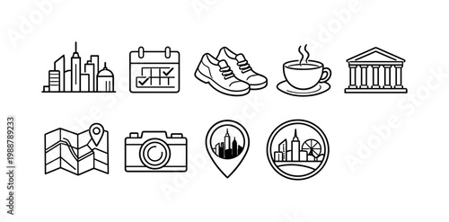 Collection of city break icons representing travel, sightseeing, and leisure activities