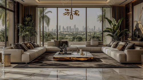 Elegant modern living room with panoramic city views