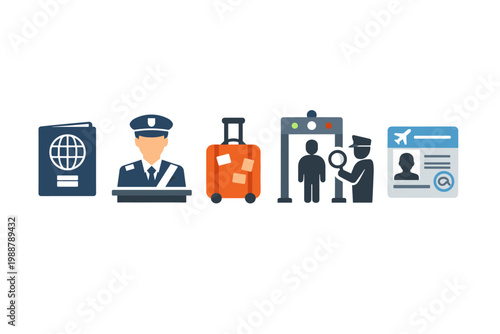 Customs and Border Control Icon Set Featuring Passport, Immigration Officer, Travel Luggage, Security Checkpoint Metal Detector, and Visa ID Card for Airport Safety and International Travel.