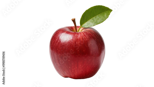 Foto Shiny red apple with green leaf, isolated on transparent background