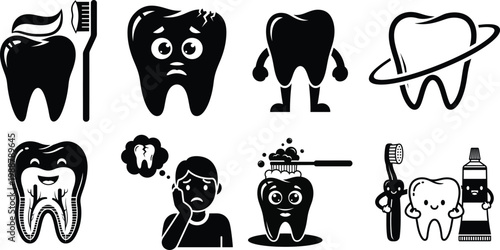 Dental care icon set with 8 vector elements, black and white tooth characters for pediatric dentistry, oral hygiene and toothache illustrations