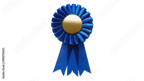Φωτογραφία Blue rosette award ribbon with gold center, isolated on transparent background