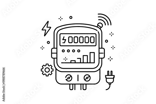 Smart electricity meter outline vector icon. Digital energy consumption monitoring device with wireless signal, power plug, and gear symbols. Simple flat illustration for utility management.