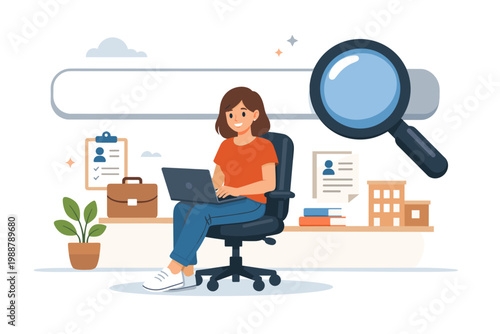 Professional woman sitting on office chair using laptop for online job search with magnifying glass and search bar, recruitment concept, career opportunity, hiring process vector illustration.