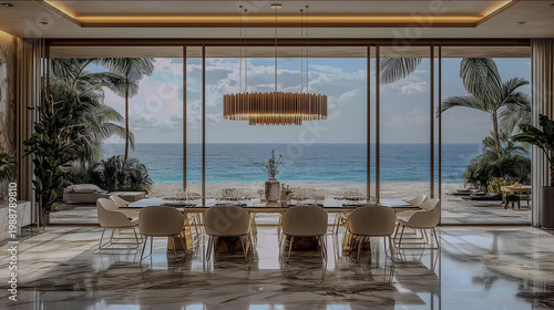 Luxury beachfront dining room with floor-to-ceiling windows