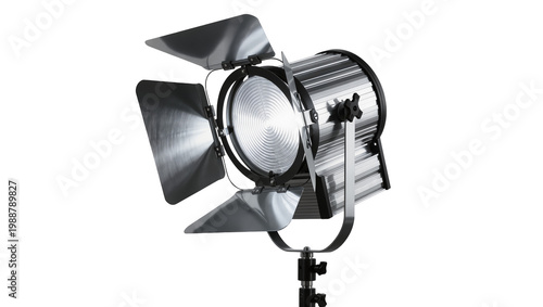 Professional silver Fresnel spotlight with adjustable barn doors, isolated on transparent background