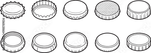 Collection of isometric bottle caps and lids in outline style with transparent background