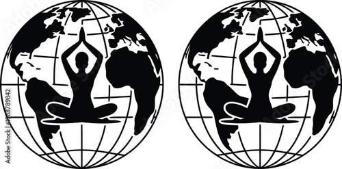 Two black silhouettes of yogi meditating on globes