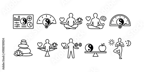 Collection of icons representing mind-body balance, wellness, and healthy lifestyle choices