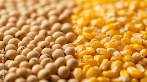 Raw Soybeans and Corn Kernels Mix, Macro Background of Agriculture Harvest