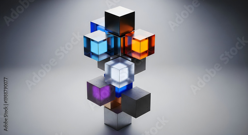 3D isometric colorful block tower with glowing neon cubes on minimalist gray base