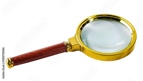 Cuadro en lienzo Golden brass magnifying glass with polished wood handle, isolated on transparent
