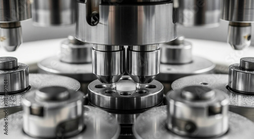 Upper and lower punches move to meet and compress powder tablet in a manufacturing process at a production facility