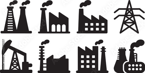 Industrial factory and power line icons in silhouette on a transparent background