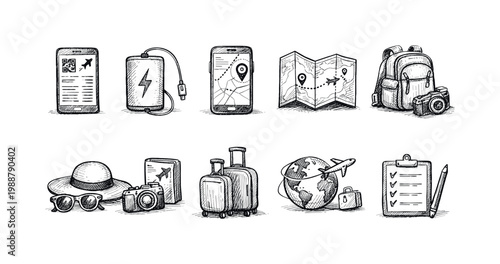 Collection of hand-drawn travel essentials and icons for vacation planning