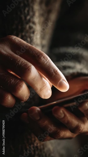 User interacts with smartphone screen in indoor setting during evening time while relaxing on a cozy evening