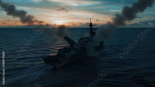 Amazing launch of missiles from warship during sunset over the ocean in a military operation at sea