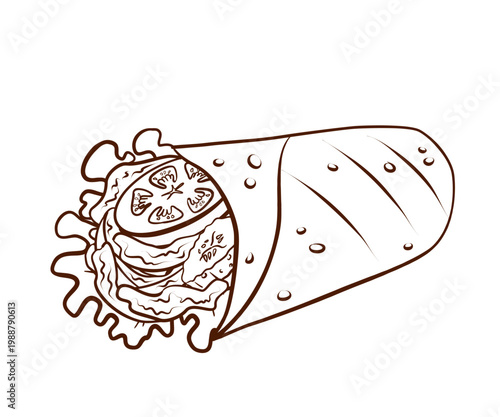Stuffed wrap with vegetables and savory filling. Vector illustration in clean hand-drawn line art style. Fast food snack element for street food menus, takeaway packaging, cafe poster and menu boards.