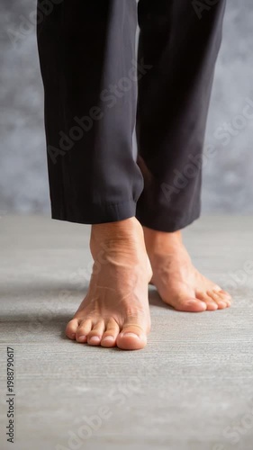 Stretching feet and ankle for pain relief at home during morning hours