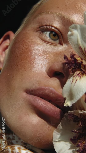 Close up of a person with freckles beside a flower under natural light in a garden setting