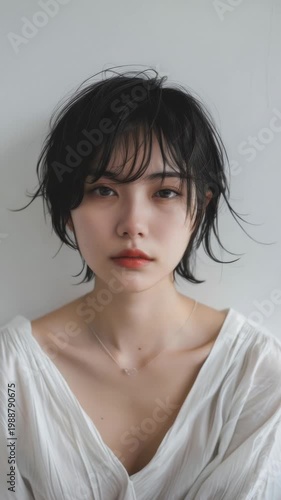Woman with short hair poses in a simple white top in a well-lit room