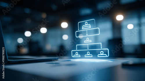 Abstract glowing team and workflow management concept icon showing corporate organisation hierarchy and company structure over an office table background. Workflow concept, team